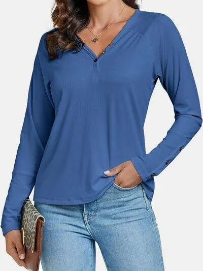 Decorative Button V-Neck Long Sleeve T-Shirt Women's T-Shirts - Tophatter Daily Deals